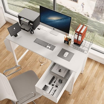 47.3" Office Desk with Power Outlet,3 Drawers,Side Pocket, Study Desk Easy to Assemble,Frame Stability Reversible for Home, Company Computer Game Table,Vanity Table, White