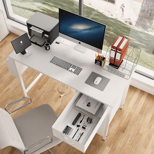 47.3" Office Desk with Power Outlet & 3 Drawers - Sturdy Reversible Frame, Side Pocket, Easy Assembly - Home/Office Computer Desk, Gaming Table, Vanity Table (White + MDF+Metal + Modern) - color: White + Mdf+metal + Modern