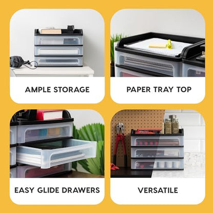 IRIS USA 3-Drawer Medium Desktop Organizer with Paper Tray, Black - color: Black, style: Medium with Tray Top - 1 Pack