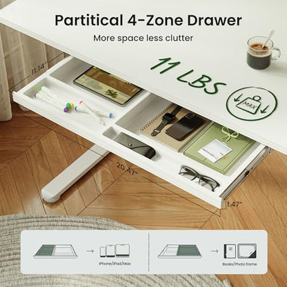 BANTI 48"x24" Standing Desk with Glass Top, Height Adjustable Computer Desk with Drawer, One-piece Rising Home Office Desks with Positon Memory, Sit Stand Up Electric Workstation Table, White