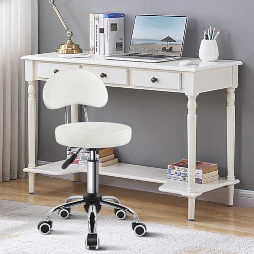 KKTONER Rolling Stool with Mid Back Height Adjustable Chair PU Leather Swivel Chair with Wheels for Office Home Task Drafting (White) - color: White