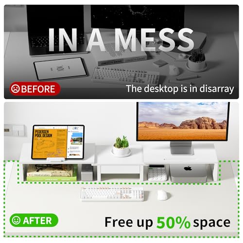 AFOOYO 43.3 Inch Dual Monitor Stand with Laptop Tray & Drawer, 5 Height & 4 Angle Adjustable Ergonomic Computer Riser, MDF Desk Shelf for MacBook Dell HP Lenovo 10-17.3" Laptops-White