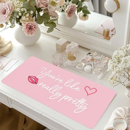 DOUDIZHU Makeup Mat for Vanity, Dual-Sided Vanity Top Protector Mat Waterproof Dressing Desk Makeup Table Cover Mat You're Like Really Pretty (Baby Pink/Silver, 23.6"x11.8") - color: You're Like Really Pretty (23.6"*11.8")