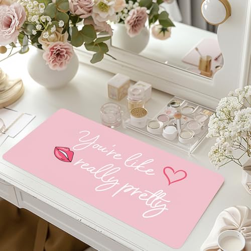 DOUDIZHU Makeup Mat for Vanity, Dual-Sided Vanity Top Protector Mat Waterproof Dressing Desk Makeup Table Cover Mat You're Like Really Pretty (Baby Pink/Silver, 23.6"x11.8") - color: You're Like Really Pretty (23.6"*11.8")