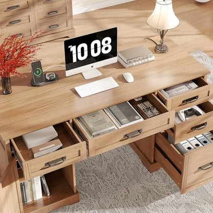 Alohappy 55'' Farmhouse Executive Desk, Home Office Desk with Drawers, Wood Computert Desk with File Cabinet and Power Outlets, Walnut - color: Walnut, size: 55''