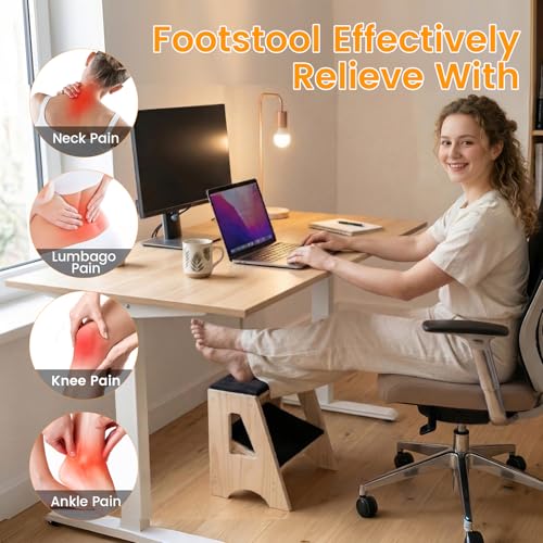 Double Step Footrest Under Desk,4 Adjustable Heights with Adjustment Stem | Adjustable lErgonomic Foot Stool Under Desk for Home &Office,Cushioned Top &Non-Slip Surface,Excellent Pine Wood
