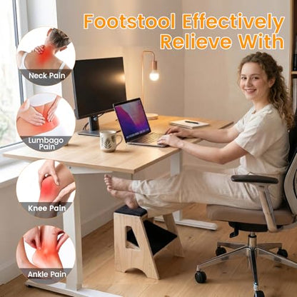 Double Step Footrest Under Desk,4 Adjustable Heights with Adjustment Stem | Adjustable lErgonomic Foot Stool Under Desk for Home &Office,Cushioned Top &Non-Slip Surface,Excellent Pine Wood