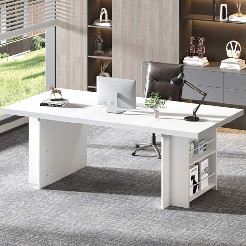 70" White Computer Desk, Large Executive Desk for Home Office, Modern Wood Conference Table Workstation with Side Storage Shelves, Long Study Writing Gaming Table for 2 Person - color: White
