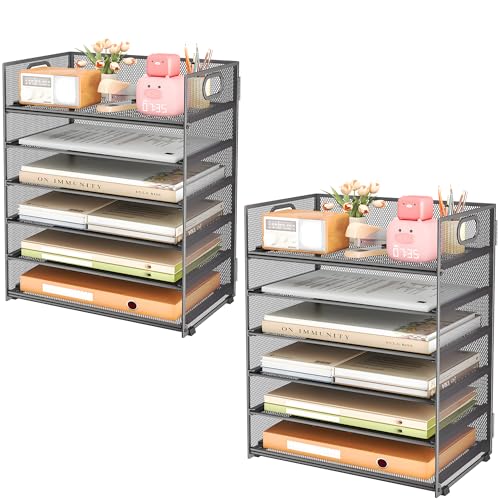 Subekyu 6-Tier Desk Paper Organizer, Desktop File Letter Tray with Handle, Document Sorter and Accessories Holder for Office, Home and School Workspace Organizers, Gray-2 Pack - color: 2 Pack 6-tier - Gray