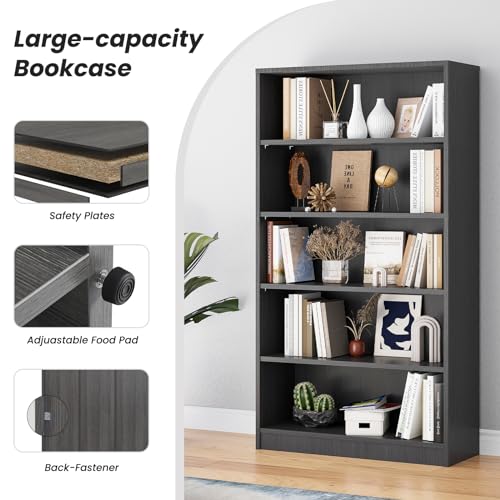 Farini 60 Inch Tall Bookcase,5 Shelf Bookshelves,Adjustable Bookshelf for Home Office,Grey - color: Grey, size: 5 shelf