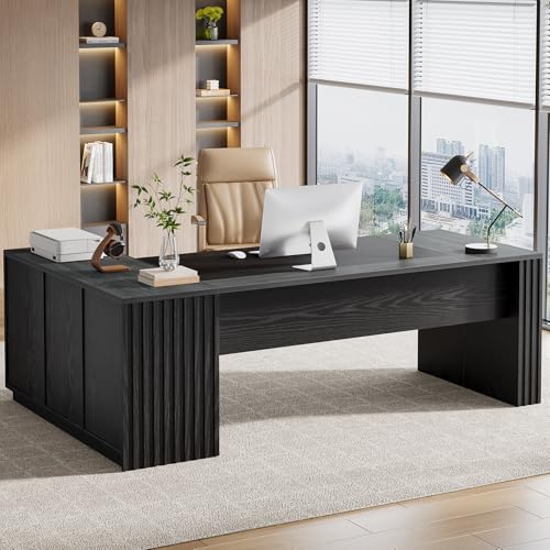 Tribesigns 78" L Shaped Executive Desk with Drawers, Large Office Computer Desk with Cabinet and Storage Shelves, Modern Business Furniture Sets Workstation for Home Office (Gray&Black) - color: Gray&black