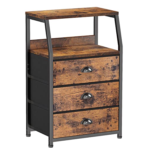 Nightstand with 3 Fabric Drawers, Small Bedroom Storage Cabinet | Rustic Brown Dorm Night Stand, Small Dresser Organizer Storage Tower for Closet,Living Room, Bedside Table with Metal Frame - color: Rustic Brown, style: 3 Drawers