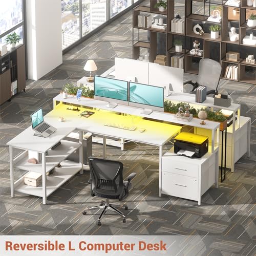 Aheaplus L Shaped Desk with Power Outlet & LED Strip, L Shaped Gaming Desk