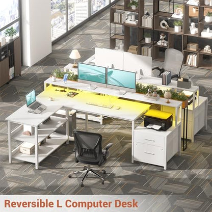 Aheaplus L Shaped Desk with Power Outlet & LED Strip, L Shaped Gaming Desk
