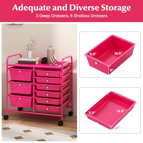RELAX4LIFE 9 Drawer Rolling Storage Cart - Mobile Drawer Carts for Craft Art Supply Paper Salon, Utility Cart on Wheels for Classroom Teacher School Office, Rolling Cart with Drawers (Hot Pink) - color: Hot Pink, style: 9 Drawers