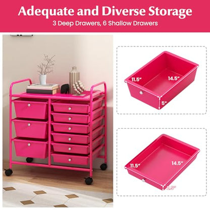 RELAX4LIFE 9 Drawer Rolling Storage Cart - Mobile Drawer Carts for Craft Art Supply Paper Salon, Utility Cart on Wheels for Classroom Teacher School Office, Rolling Cart with Drawers (Hot Pink) - color: Hot Pink, style: 9 Drawers