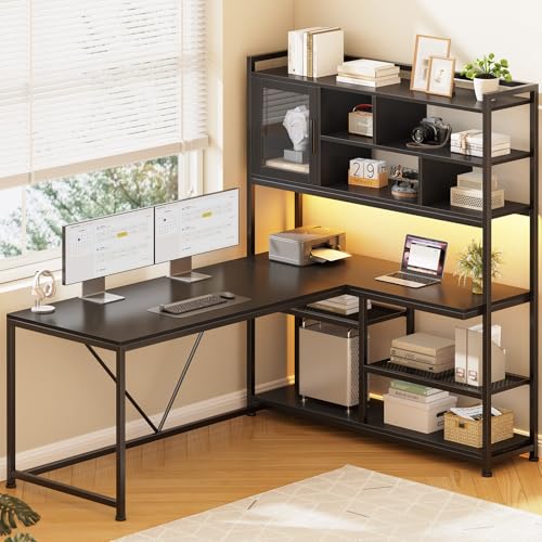 SEDETA L Shaped Computer Desk, 58'' Office Desk with LED Light and Bookshelf, L Shaped Corner Desk with Storage Shelves for Home Office, Gaming Desk, L Desk, Black - color: Black