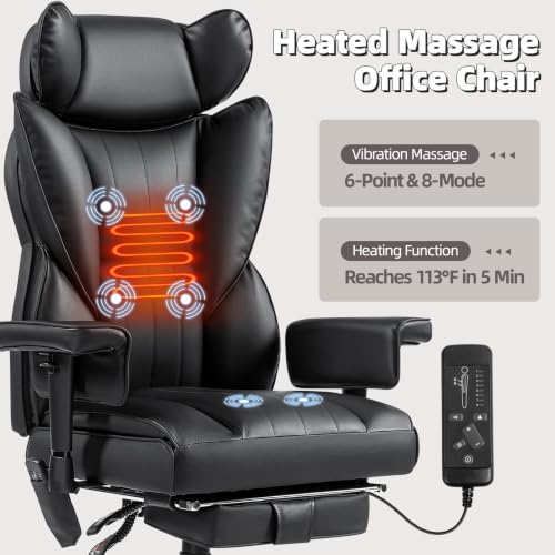 6 Points Massage Heated Home Office Chair with Foot Rest, Black - color: Black