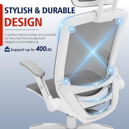 GABRYLLY Ergonomic Office Chair, High Back Home Desk Chair with Headrest, Flip-Up Arms, 90-120° Tilt Lock and Wide Cushion, 300LBS Mesh Chairs for Man Woman, White Task Chair(Dark Grey,GY01WDG) - color: White Frame Dark Grey Mesh