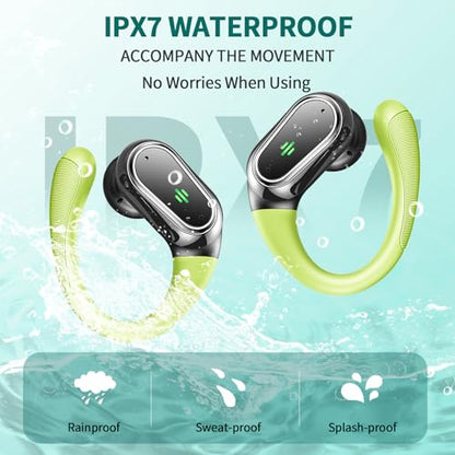 Wireless Earbuds, 2026 Bluetooth 5.4 Headphones Sport, 50Hrs HiFi Stereo Deep Bass Over-Ear buds with ENC Noise Cancelling Mic, IP7 Waterproof & LED Display Earphones with Earhooks for Workout/Running - color: Dark Green