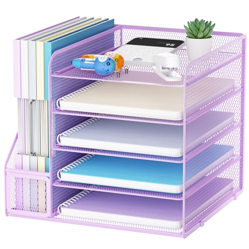 Marbrasse Desk Organizers and Accessories, 5-Tier Paper Letter Tray Organizer with File Holder, Mesh File Organizer, Office Desk Accessories & Organization for Supplies (Purple) - color: Purple