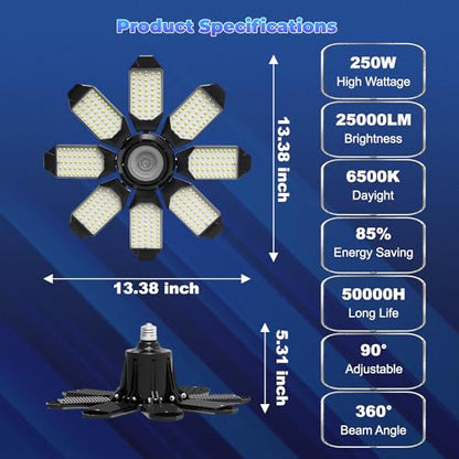Garage Lights - Super Bright 25000LM Garage Lights Ceiling Led w/ 8 Deformable Panels 6500K Led Light Bulb Srew in E26/E27 Socket with Adjustable Center Spotlight for Barn Workshop Attic - size: 250W - 1Pack