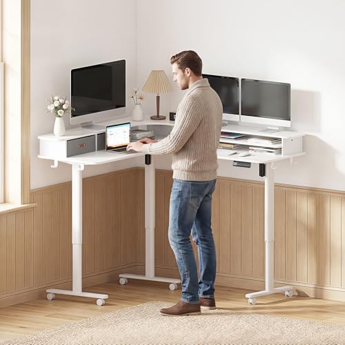 2-Tier L Shaped Electric Standing Desk with Drawers, 63 x 55 Height Adjustable Desk with Memory Controller, Storage, Ergonomic Corner Desk Sit Stand up Computer Table for Home Office, White - color: White, size: 63×55 Inch L-shaped with Drawers