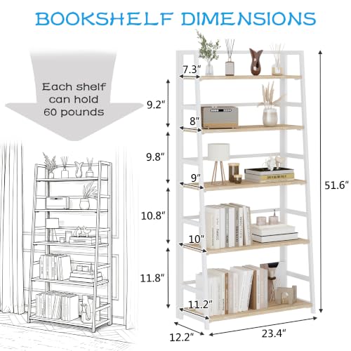 JSB 5 Tier Bookshelf, No Assembly Folding Ladder Bookshelf, 51.6in Tall Foldable Ladder Shelf, Bookcase for Home Office, Living Room,Space-Saving (Natural & White, 5 Tier) - color: Natural & White