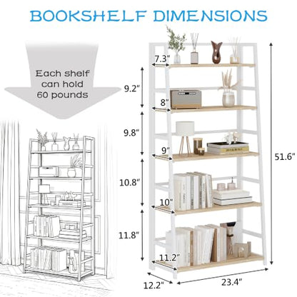 JSB 5 Tier Bookshelf, No Assembly Folding Ladder Bookshelf, 51.6in Tall Foldable Ladder Shelf, Bookcase for Home Office, Living Room,Space-Saving (Natural & White, 5 Tier) - color: Natural & White
