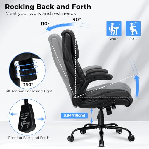 Big and Tall Office Chair 450lbs Heavy Duty Ergonomic Executive Desk Chair with Adjustable Lumbar Support High Back Home Computer Leather Chair with Padded Flip-up Arms for Heavy People Black - color: Black
