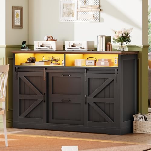 SEDETA 47.2" File Cabinet, 2 Drawers Filing Cabinets for Home Office fit Legal/Letter/A4 File, Farmhouse File Cabinet with Barn Door & Power Outlets, Printer Stand with Storage & LED Lights, Black - color: Black