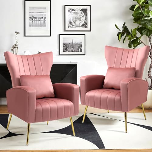 Velvet Accent Chairs Set of 2, Modern Living Room Chair with Gold Legs & Pillow, Bedroom Side Chair with High Wingback, Blush Pink - color: Pink, size: 2PCS with Channel Tufted