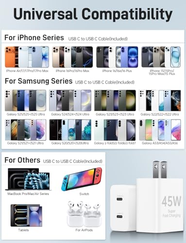 45W iPhone 17 16 15 Charger Fast Charging, 2 Pack Dual Port USB C Charger - color: White, size: 2pack-(3+6+6+10)ft