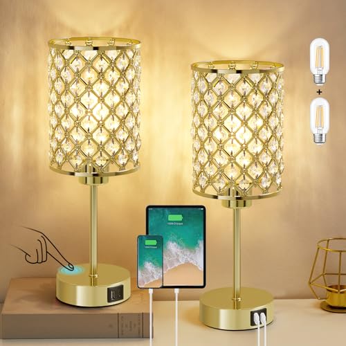 GyroVu Gold Crystal Bedside Table Lamps Set of 2 with USB C+A Ports - color: Gold-2, size: 14.75"