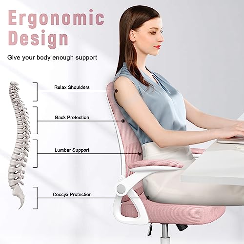 naspaluro Home Office Desk Chair Mid Back with Adjustable Height Pink | Comfy Ergonomic Chair with Flip-Up Arm and Lumbar Support, Breathable Mesh Swivel Computer Chair for Study Working Teacher - color: Pink