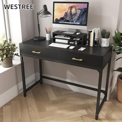 WESTREE Computer Gaming Desk Office - Study Writing Desk with Drawer for Teen, Bedroom Makeup Desk Home Office Furniture with Storage Shelf, Height Monitor Stand