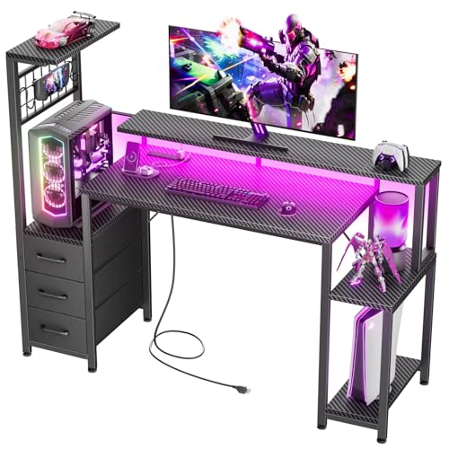 Korfile 48" Gaming Desk with Power Outlet, LED, Carbon Fiber Black Finish - size: 48 Inches