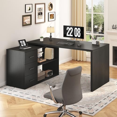 HSH 55-76 Inch Black Morden L Shaped Desk, Corner Desk with Storage Drawers | Reversible Home Office Desk,Wood 360 Rotating Executive Coumputer Desk With Open Shelves,Long For Work,Study,Gaming - color: Black