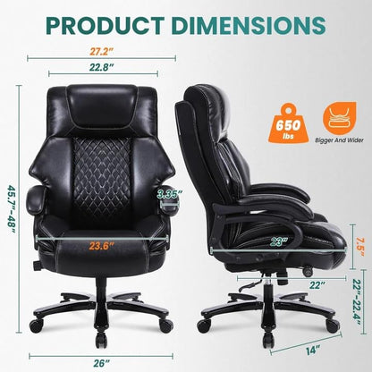 650lbs Large Big and Tall Office Chair for Heavy People with Adjustment Lumbar Support, Comfy Padded Heavy Duty Leather Executive Office Chair with Quiet Rubber for Adults 8 Hours Daliy Work
