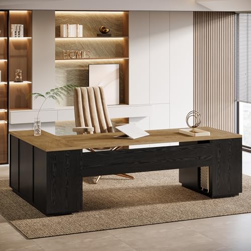 Tribesigns 85.8-Inch L-Shaped Executive Office Desk with File Drawers & Storage Cabinet, Professional Corner Computer Desk Extra Large Business Workstation with Adjustable Shelves (Light Brown&Black) - color: Light Brown & Black