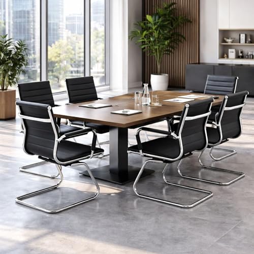 Conference Room Chairs Set of 2, Waiting Room Chairs with Arms, Faux Leather Reception Chairs No Wheels, Office Guest Chairs with Mid Back Support and Chrome Sled Base, Black - color: Black, size: 2PCS
