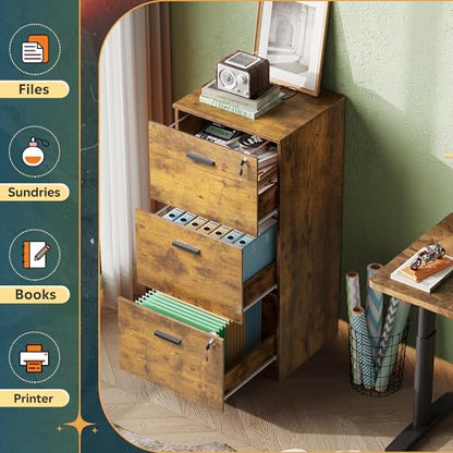 DEVAISE 3 Drawer File Cabinet with Lock, Wood Printer Stand, Rustic Brown - color: Rustic Brown
