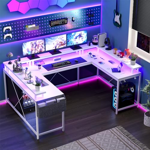Jojoka U Shaped Computer Gaming Desk, Reversible L Shaped Desk with Power Outlets, LED Strip & Monitor Stand, Large Corner Desk with Storage Shelves for Home Office, White - color: White