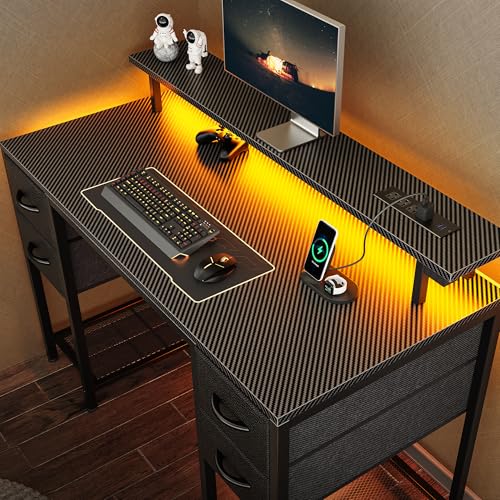 Huuger 47 inch Computer Desk with Power Outlets & 4 Drawers - color: Carbon Fiber Black, size: 47 Inch