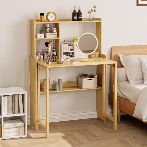 Folding Desk for Small Spaces, Bamboo Foldable Desk with Bookshelf, Natural - color: Natural, size: 47.24"H x 21.65"D x 32.28"W