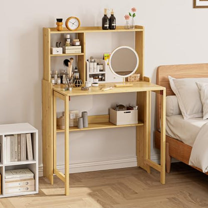Folding Desk for Small Spaces, Bamboo Foldable Desk with Bookshelf, Natural - color: Natural, size: 47.24"H x 21.65"D x 32.28"W