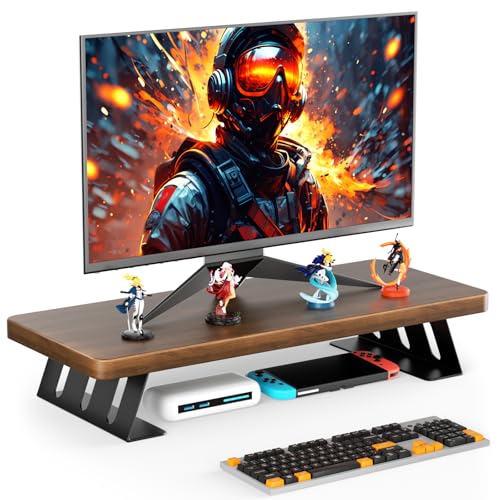 Monitor Stand - 24 Inch Wood Monitor Stand Riser, 220 Pounds Load Capacity Desk Monitor Riser for Laptop/PC/Printer, Desktop Stands Organizer for Home Office - color: Walnut - Black Legs