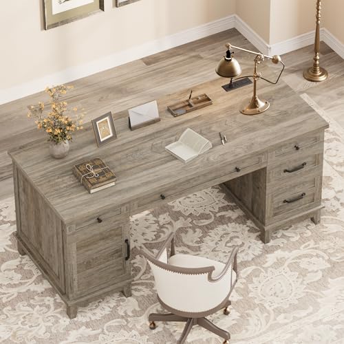 GarveeHome Farmhouse Executive Desk with File Drawers, 60 in Home Office Desk with Charging Station, Wooden Computer Desk with Cabinet Storage for Work Study Writing, Rustic Gray - color: Rustic Gray