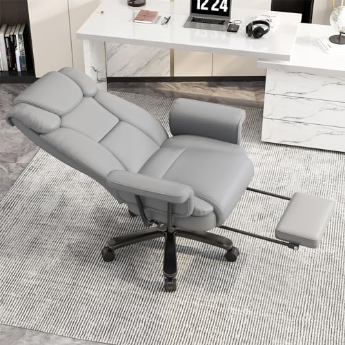 GYI 160 Reclining Office Chair with Footrest, Big & Tall Desk Chair, Grey | Cross Legged Seat, High Back, Faux Leather, Heavy Duty Base, Adjustable Height, for Home, Executive - color: Grey