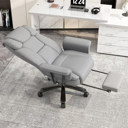 GYI 160 Reclining Office Chair with Footrest, Big & Tall Desk Chair, Grey | Cross Legged Seat, High Back, Faux Leather, Heavy Duty Base, Adjustable Height, for Home, Executive - color: Grey